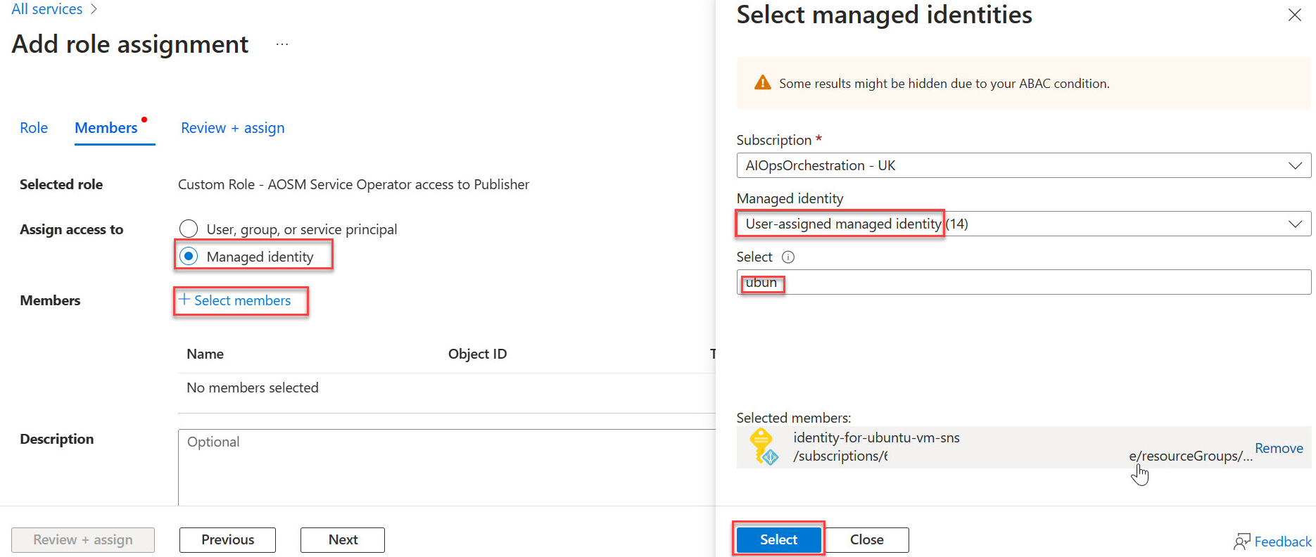 Screenshot showing the add role assignment and select managed identities.