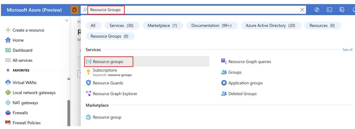 Screenshot showing the Azure portal and search for Resource Groups.