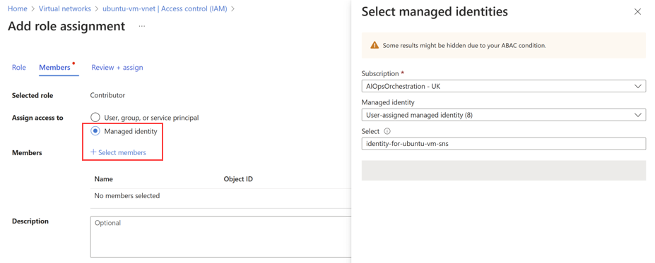 Screenshot showing the Add role assignment screen with Managed identity selected.