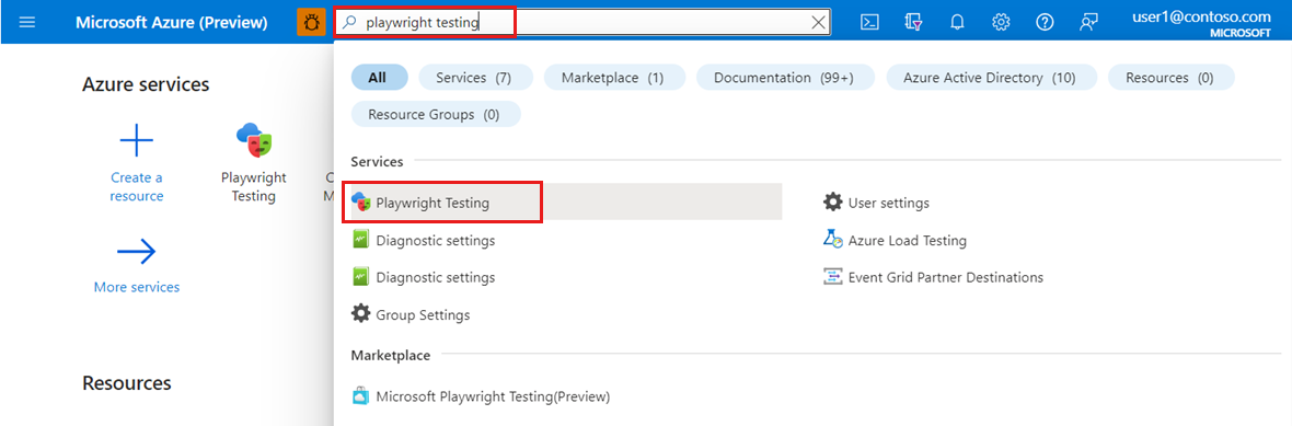 Screenshot that shows the search box in the Azure portal, to search for Microsoft Playwright Testing resources.