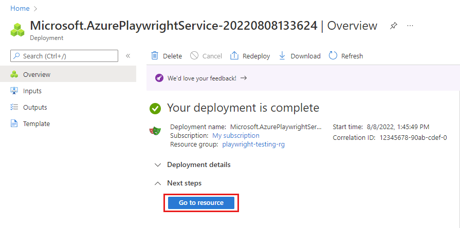 Screenshot that shows the deployment completion information in the Azure portal.