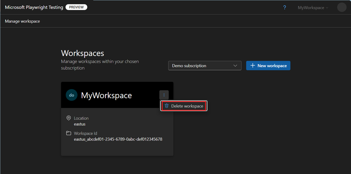Screenshot that shows the Workspaces page in the Playwright portal, highlighting the Delete workspace menu item.