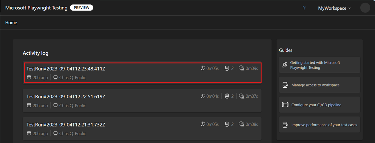 Screenshot that shows the activity log for a workspace in the Playwright Testing portal.