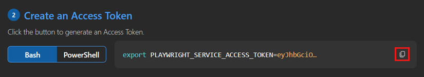 Screenshot that shows how to copy the generated access token in the Playwright Testing portal.