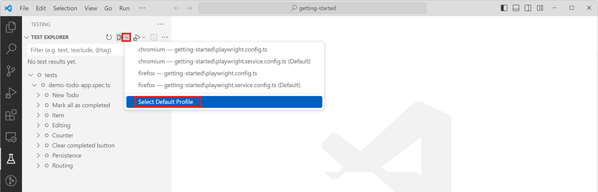 Screenshot that shows the menu to choose a run profile for your tests, highlighting the projects from the service configuration file.
