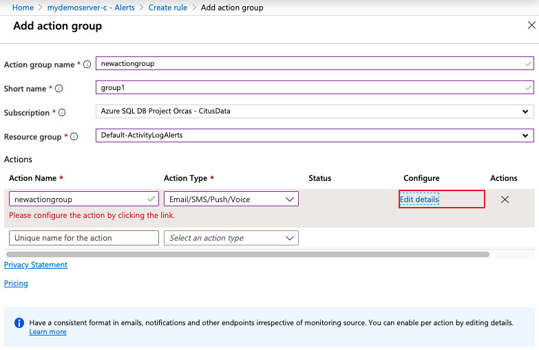 Screenshot shows the Add action group form where you can enter the described values.