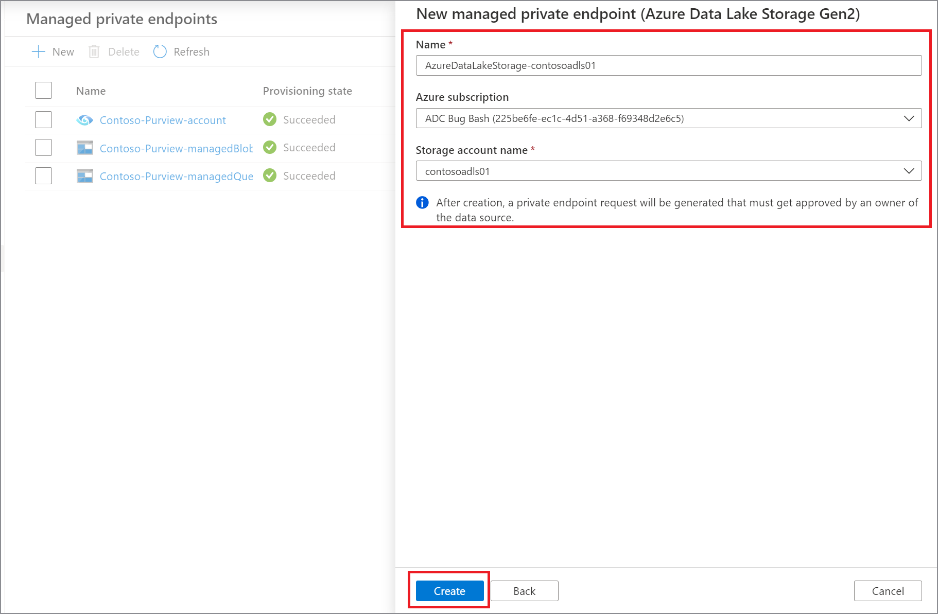 Screenshot that shows how to select data source for setting managed private endpoint