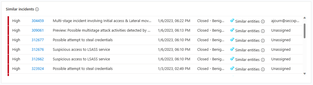 Screenshot of the similar incidents display.