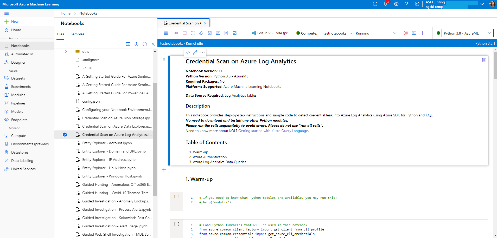 Snímek obrazovky poznámkového bloku Služby Sentinel v pracovním prostoru Azure Machine Učení