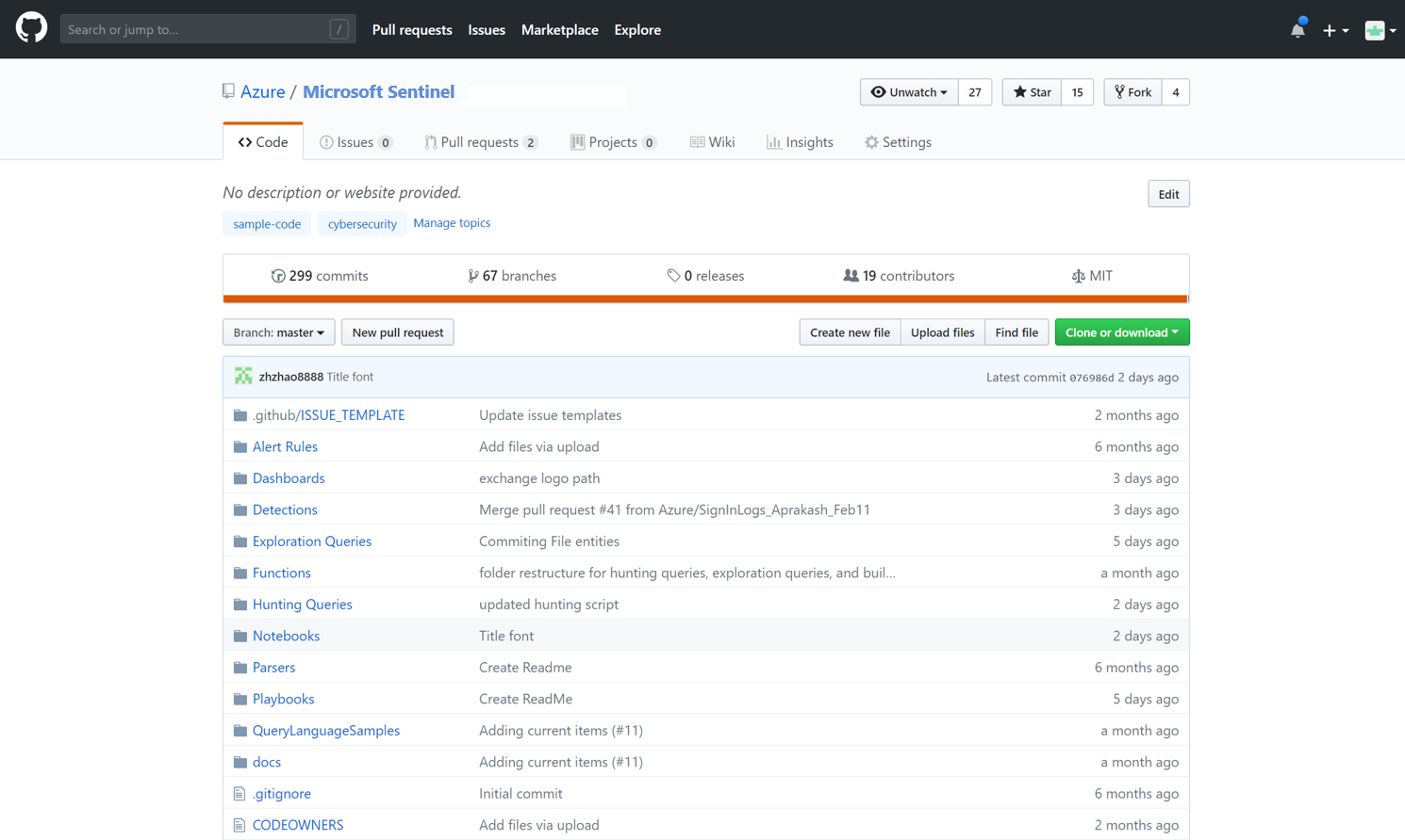 Snímek obrazovky úložiště GitHub pro Microsoft Sentinel se staženým obsahem, jako jsou dotazy proaktivního vyhledávání, analyzátory a playbooky 