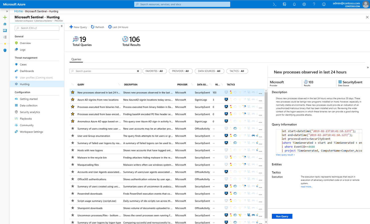Snímek obrazovky se stránkou proaktivního vyhledávání v Microsoft Sentinelu, která zobrazuje seznam dostupných dotazů 