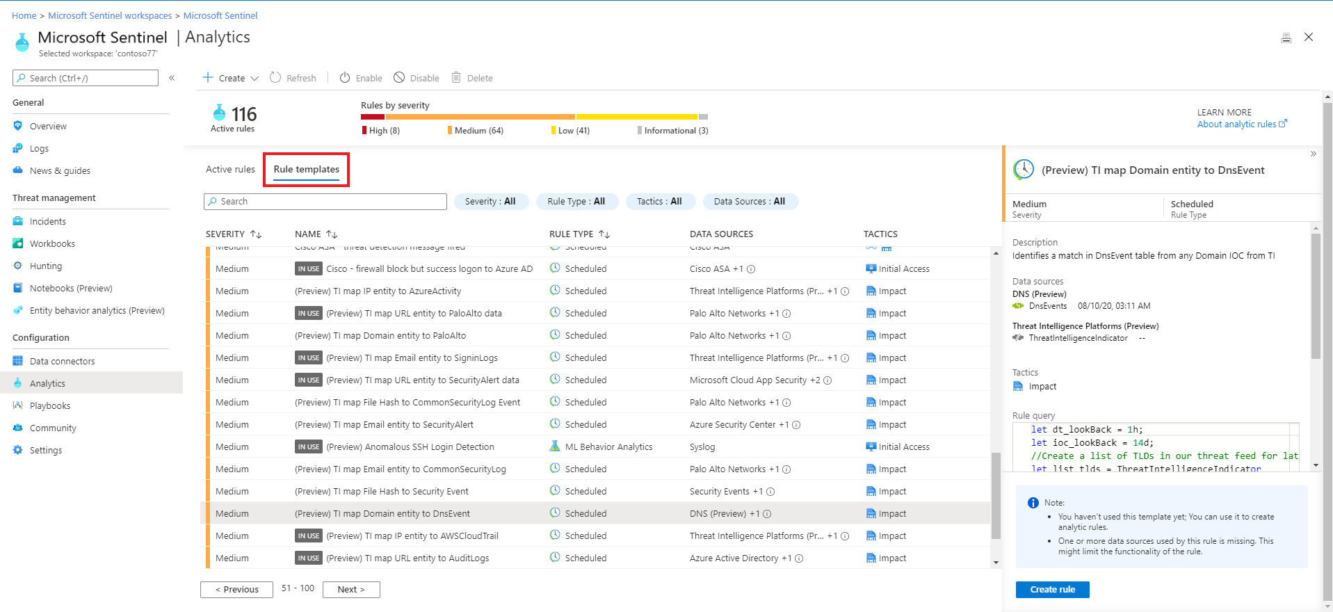 Snímek obrazovky znázorňující předdefinovaná pravidla detekce pro vyhledání hrozeb v Microsoft Sentinelu
