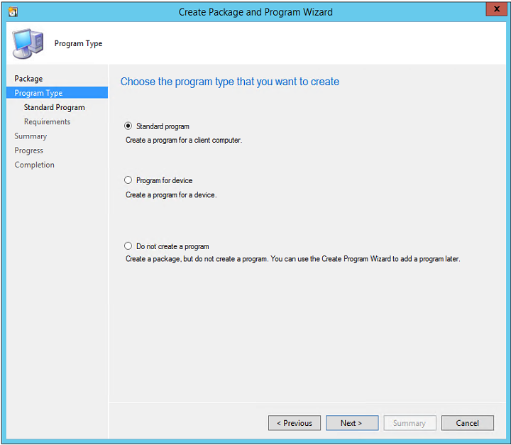 Snímek obrazovky s průvodcem Vytvořit balíček a program, který zobrazuje možnost Standardní program