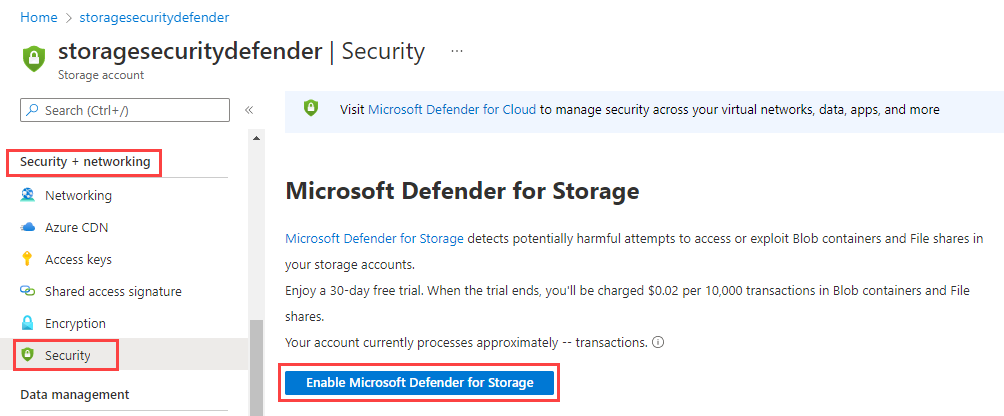 Screenshot showing how to enable a storage account for Microsoft Defender for Storage.