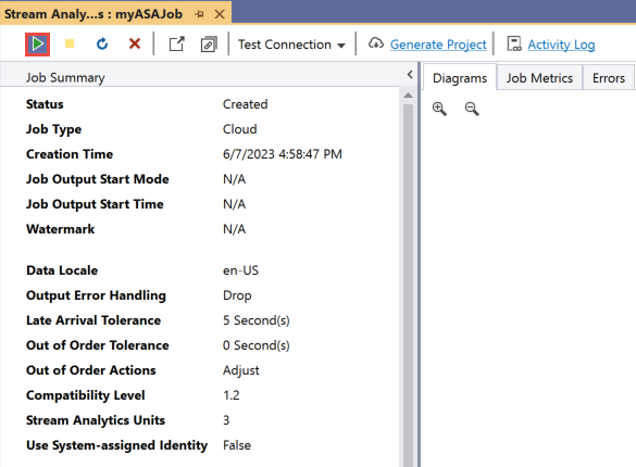 Snímek obrazovky zobrazující tlačítko Spustit pro spuštění úlohy Stream Analytics ze sady Visual Studio