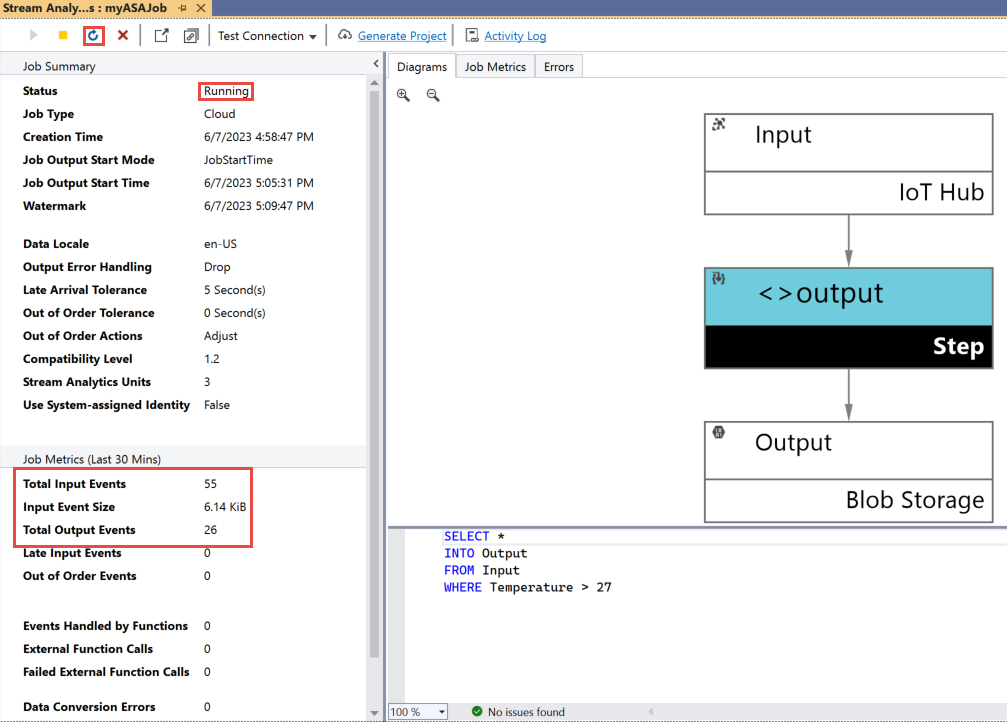 Snímek obrazovky zobrazující stav úlohy jako spuštěnou a metriky pro úlohu