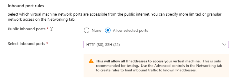 Snímek obrazovky s oddílem pravidel portů pro příchozí spojení, kde vyberete, na kterých portech jsou povolená příchozí připojení