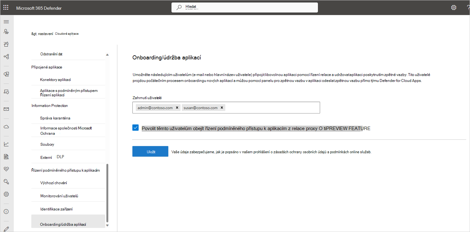 Snímek obrazovky s nastavením onboardingu nebo údržby aplikace