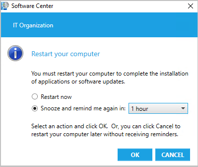 Snímek obrazovky s informacemi o tom, že dostupný software nemá v oznámení termín restartování