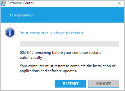 Snímek obrazovky s odpočítáváním konečného restartování centra softwaru