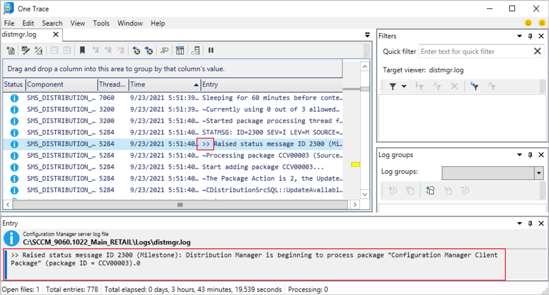 Snímek obrazovky s otevřeným souborem distmgr.log ve OneTrace Červený čtverec nastiňuje řetězec počínaje >> , která je převedenou zprávou o stavu.