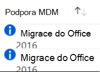 Snímek obrazovky znázorňující nepodporovaná starší nastavení Office a navrhuje migraci na podporovanou verzi v Microsoft Intune