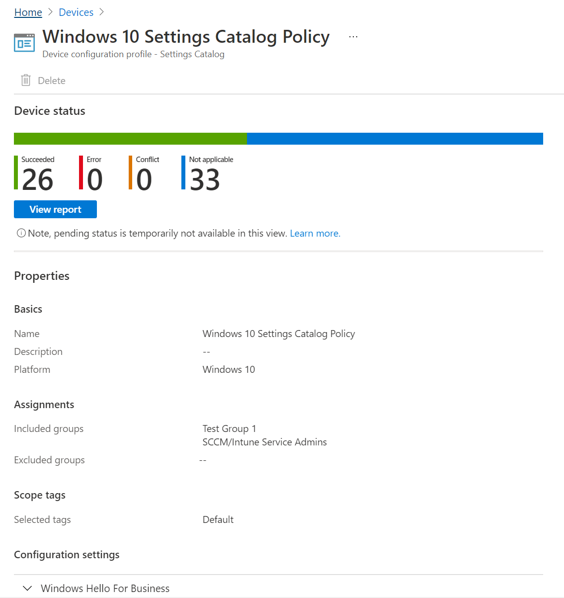 Snímek obrazovky, který ukazuje, jak vybrat zásadu katalogu nastavení a zobrazit stav zařízení, stav zásad a vlastnosti v Microsoft Intune a Intune centru pro správu