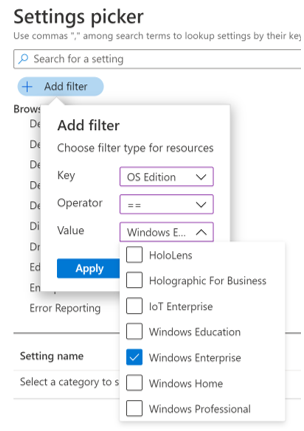 Snímek obrazovky znázorňující Katalog nastavení při filtrování seznamu nastavení podle edice Windows v centru pro správu Microsoft Intune a Intune