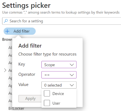 Snímek obrazovky znázorňující filtr oboru uživatele a zařízení v katalogu nastavení v centru pro správu Microsoft Intune a Intune