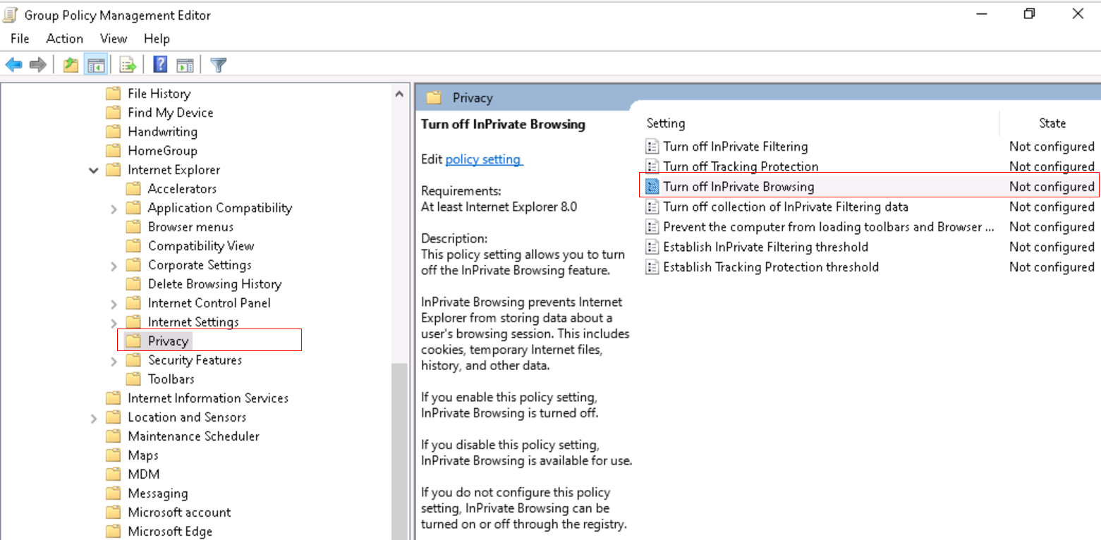 Snímek obrazovky, který ukazuje, jak vypnout procházení InPrivate v Internet Exploreru pomocí šablony ADMX