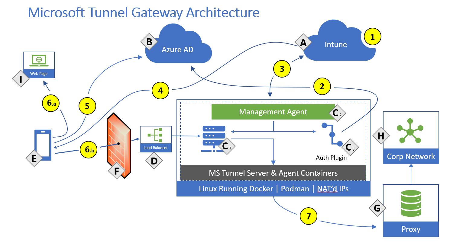 Výkres architektury služby Microsoft Tunnel Gateway