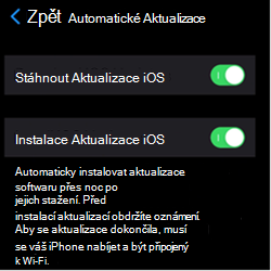 Snímek obrazovky znázorňující nastavení automatických aktualizací na zařízeních Apple s iOS/iPadOS