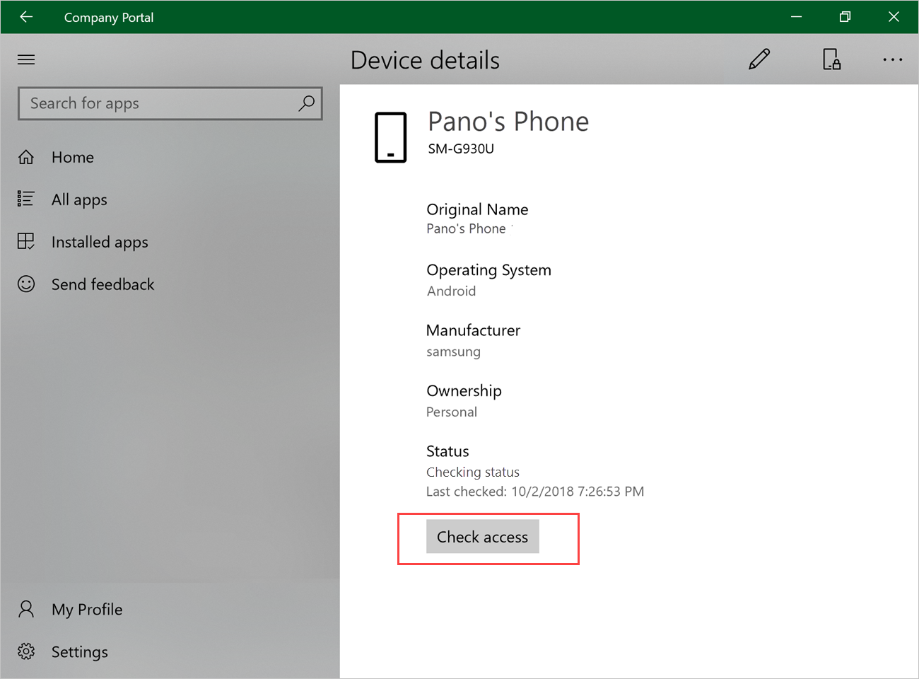 Ukázkový snímek obrazovky aplikace Portál společnosti pro Windows, stránka s podrobnostmi o zařízení se zvýrazněním tlačítka Zkontrolovat přístup