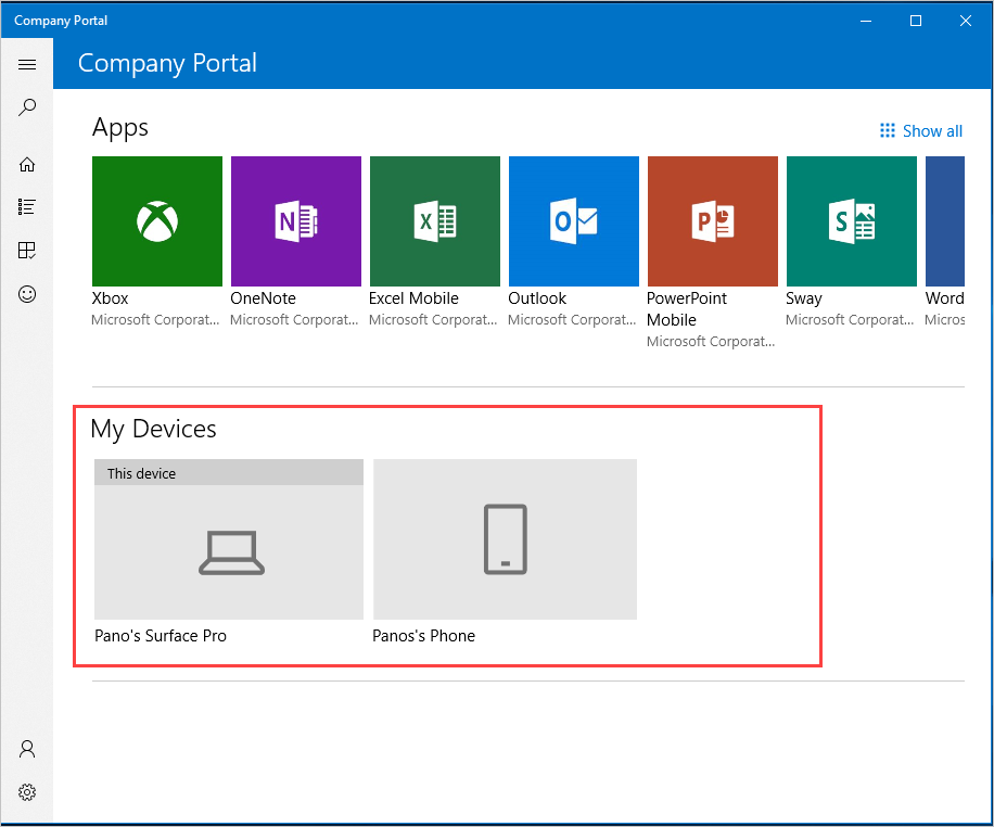 Ukázkový snímek obrazovky aplikace Portál společnosti pro Windows na domovské stránce se zvýrazněnou částí Moje zařízení