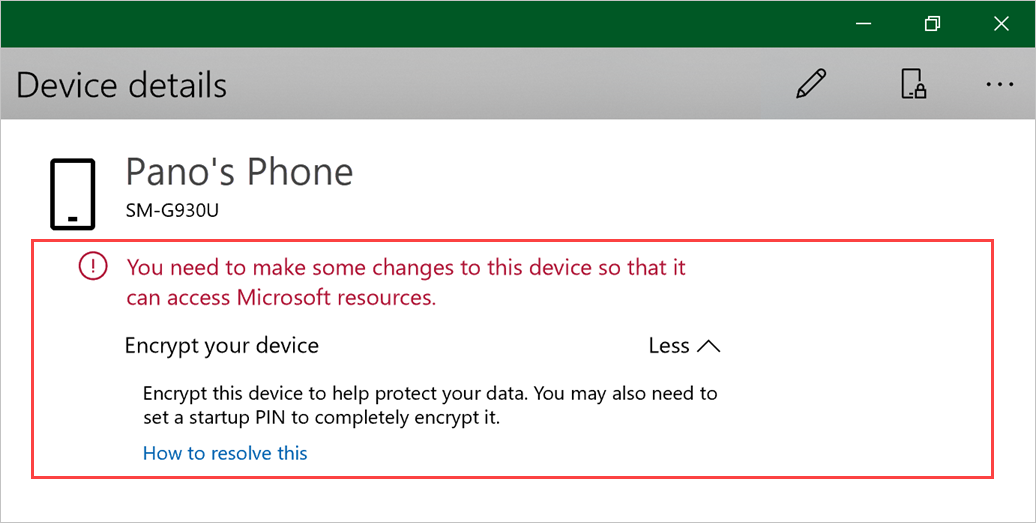 Ukázkový snímek obrazovky aplikace Portál společnosti pro Windows, stránka Podrobnosti o zařízení se zvýrazněnou výstrahou v horní části stránky