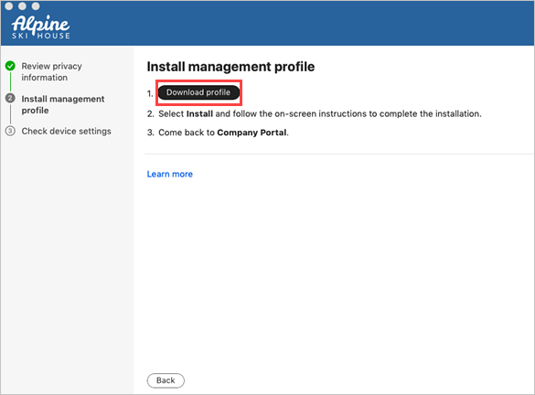 Ukázkový snímek obrazovky s Portál společnosti, obrazovkou Instalace profilu správy se zvýrazněnou výzvou k zadání hesla
