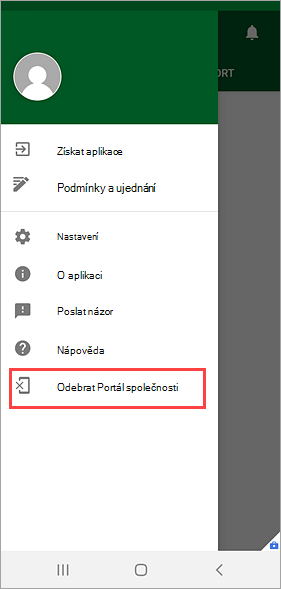 Snímek obrazovky Portál společnosti aplikace se zvýrazněnou možností Odebrat Portál společnosti v nabídce