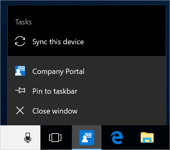 Snímek obrazovky hlavního panelu Windows na ploše zařízení Portál společnosti byla vybrána ikona aplikace a zobrazuje nabídku s možnostmi Připnout na hlavní panel, Zavřít okno a Synchronizovat toto zařízení.