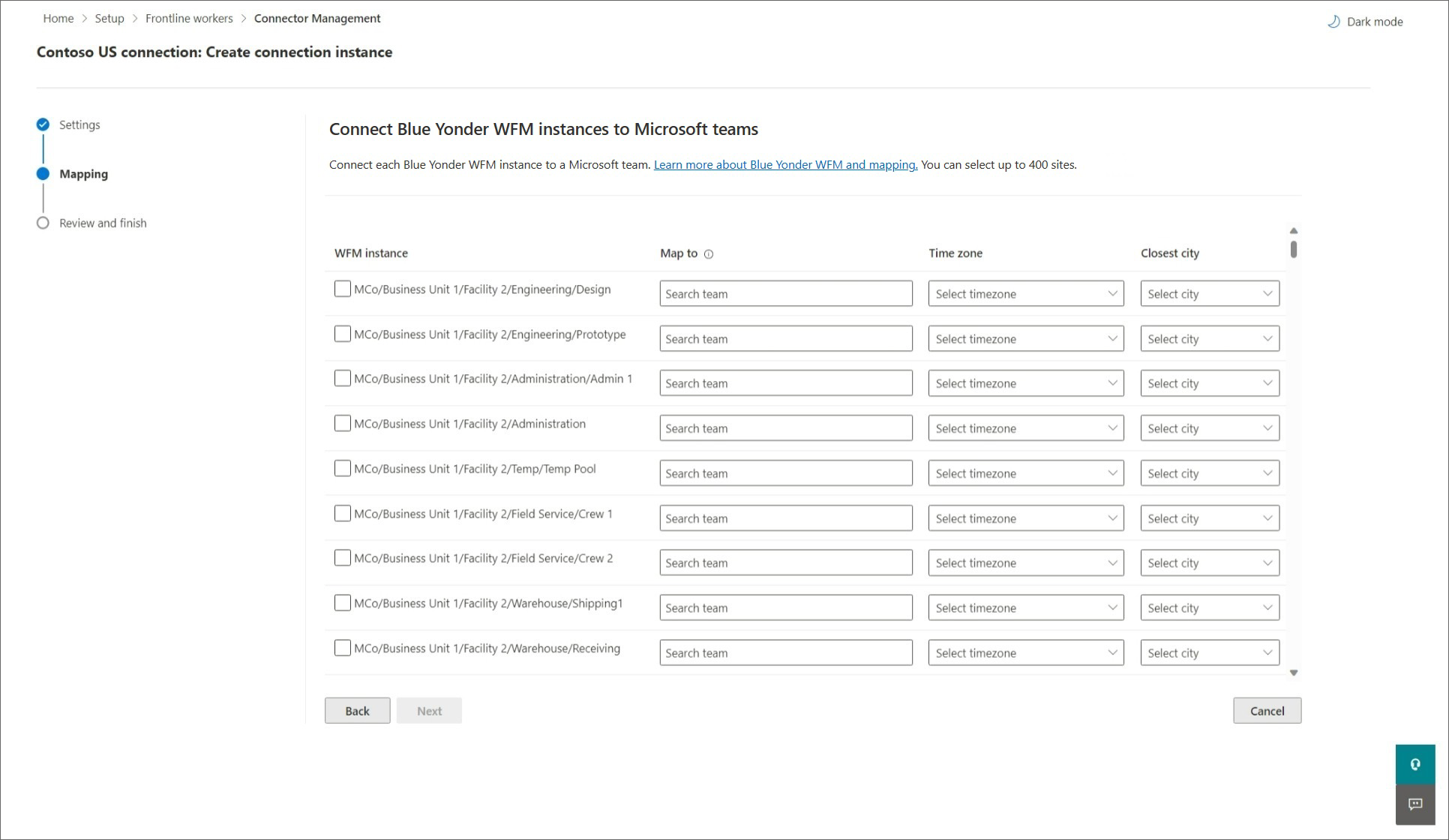 Snímek obrazovky průvodce se seznamem instancí blue yonder WFM