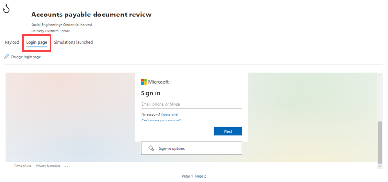 Karta přihlašovací stránky v informačním rámečku podrobností datové části v Simulační nácvik útoku na portálu Microsoft Defender