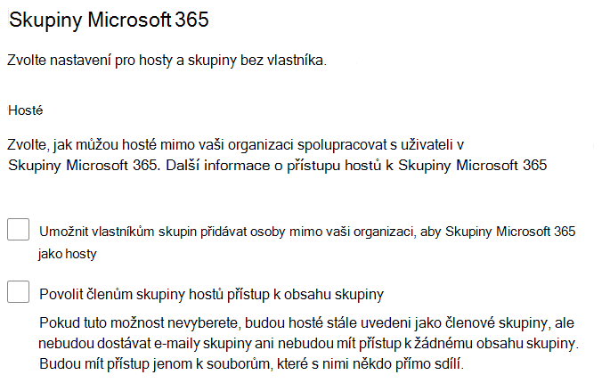 Snímek obrazovky s nastavením sdílení Skupiny Microsoft 365 v Centrum pro správu Microsoftu 365