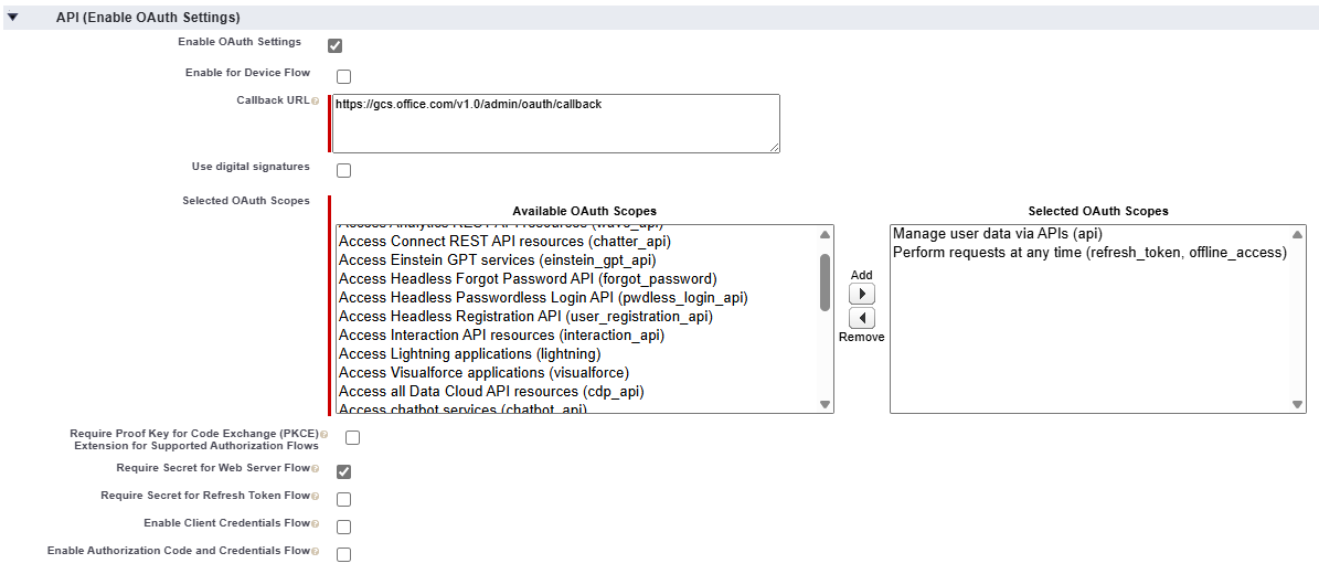 API section in Salesforce instance after admin has entered all required configurations listed above.