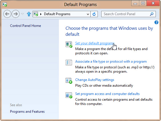 Snímek obrazovky s možností Nastavit výchozí programy v okně Výchozí programy.