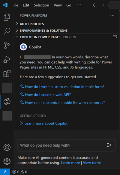 Visual Studio Code s funkcí Copilot v Power Pages.