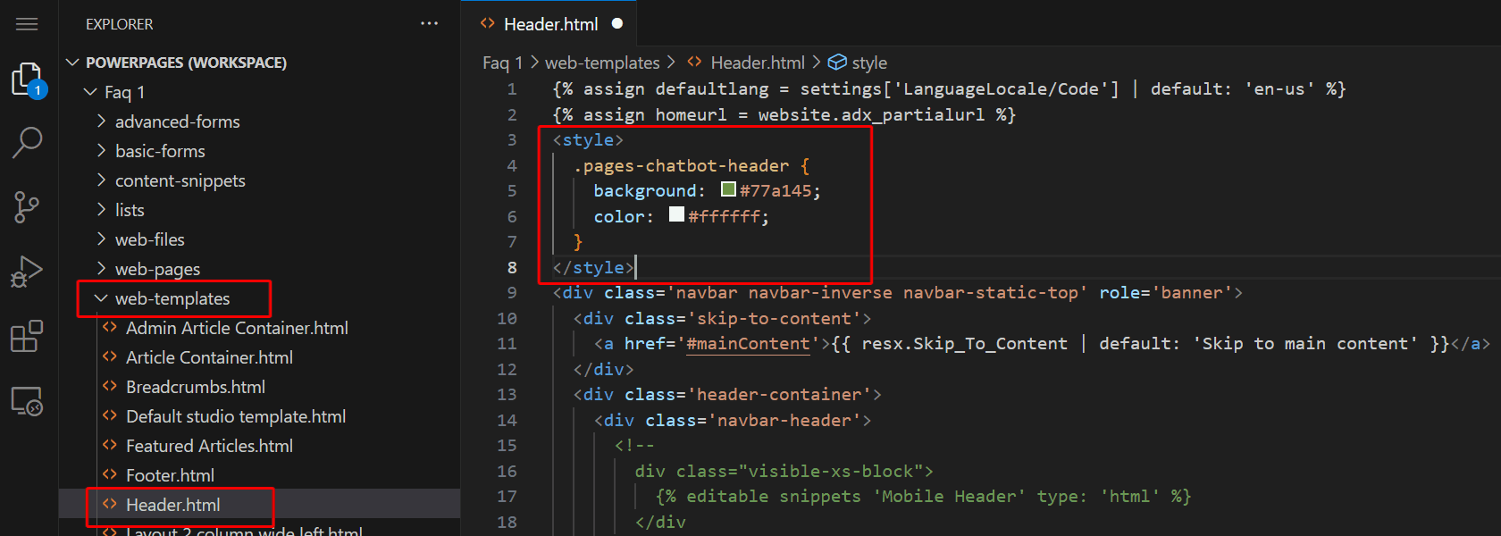 Screenshot Visual Studio se zvýrazněnou složkou, souborem a selektorem CSS.