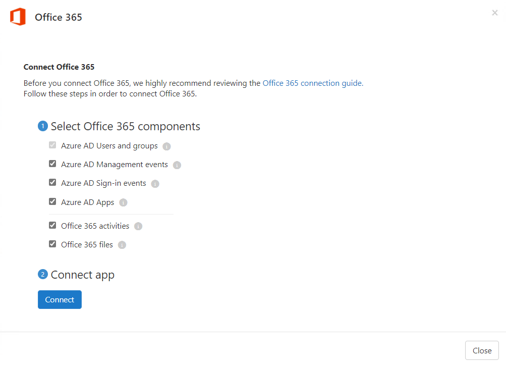 A screenshot of the Connect Office 365 dialog box. The options discussed in the preceding table are displayed.