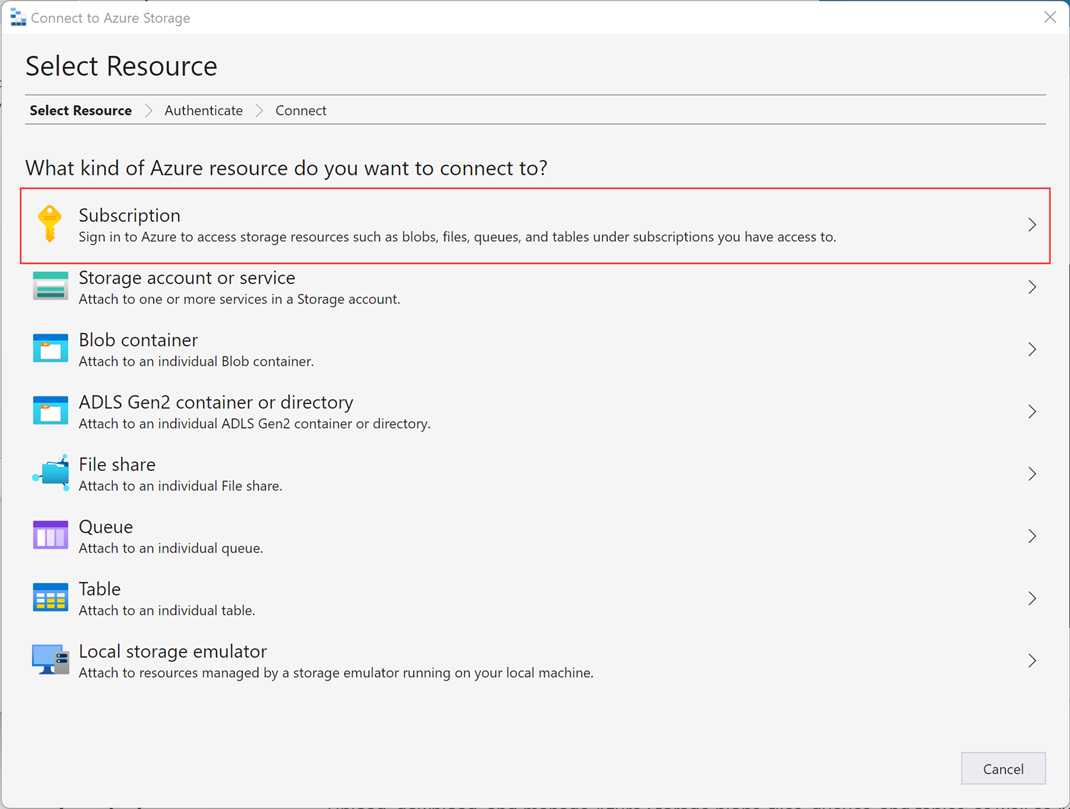 Snímek obrazovky znázorňující obrazovku Vybrat prostředek v průvodci službou Azure Storage