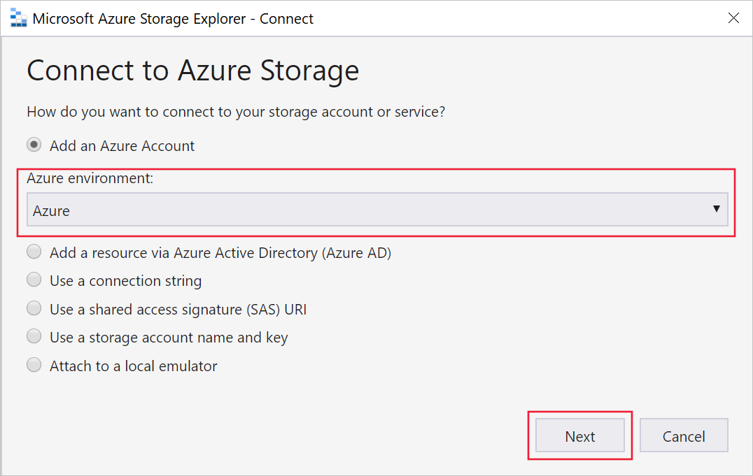Snímek obrazovky znázorňující obrazovku Vybrat prostředí Azure v průvodci Připojení do Služby Azure Storage