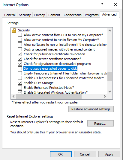 Screenshot of the Internet Options window. Under Security, Do not save encrypted pages to disk check box is cleared.