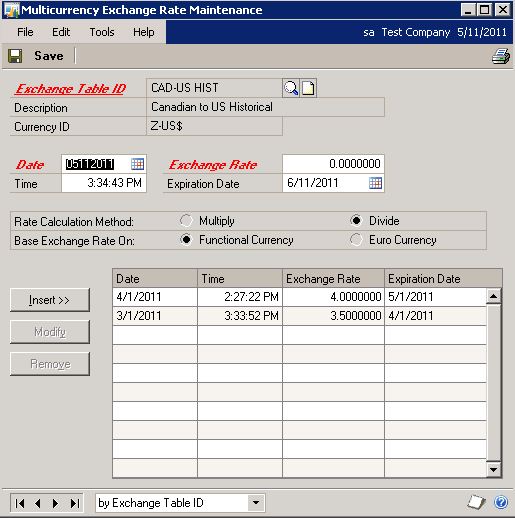 Screenshot of Multicurrency Exchange Rate Maintenance window for a historical table
